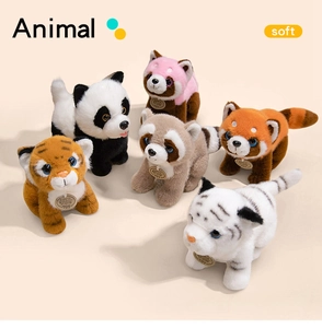 Detailed set of six cute plush animal toys including panda and tiger with soft texture