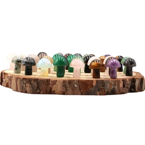Set of 2cm mini natural stone mushroom carvings in crystal and agate on wood