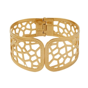 Polished 18k gold plated stainless steel wide hollow cuff bracelet with mesh pattern