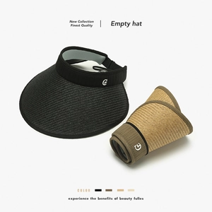 Women Sun Visor Hat Raffia Paper Straw UPF 50 Plus Wide Brim Foldable UV Protection Outdoor Beach Elegant Adjustable Metal Decor