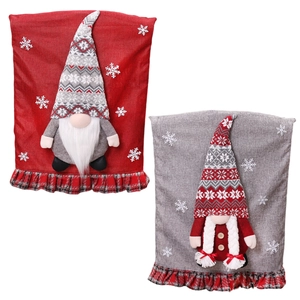 Housses de chaise de Noël avec gnomes en lin rouge et gris et détails de flocons de neige