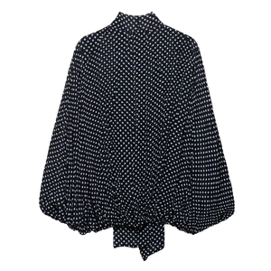 Casual black polka dot cloak shirt with lantern sleeves and a bow tie high neckline