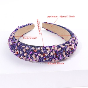 Detailed size specifications for a purple and pink gemstone baroque padded headband