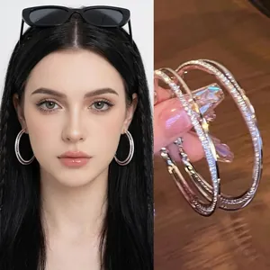 Sparkly Alloy Rhinestone Double Hoop Earrings With 925 Sterling Silver Earring Post Retro Y2K Geometric Women Jewelry