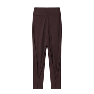 Deep coffee wide-leg suit trousers with unique buttoned pleated hem on a clean white background