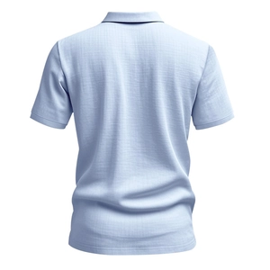 Detail view of the back of a light blue breathable linen polo shirt with fabric texture