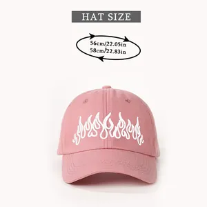 Size chart for flame embroidered pink baseball hat showing measurements 56-58cm for fit