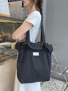 Stylish black polka dot canvas tote bag for women with large capacity and shoulder strap