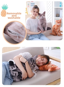 Detail of 3D lifelike plush cat pillow showing the removable cover and hidden zipper