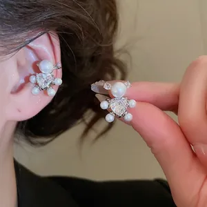 Elegant silver heart zircon bear earrings with white pearls for women and daily wear