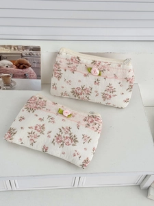 Porte-Monnaie Floral En Coton Pochette Zippée Avec Bordure En Dentelle Et Fleur 3D Style Coréen Sac Cosmétique