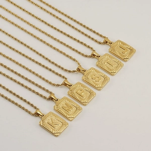 Initial Letter Pendant Necklace Stainless Steel 18K Gold Plated Square Tag Rope Chain Hip Hop Style Unisex Jewelry