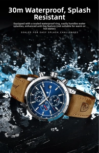 Close-up of waterproof quartz watch splashing in water with 30m depth rating detail