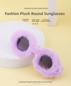 Close-up of trendy round frame sunglasses featuring textured purple plush faux fur material
