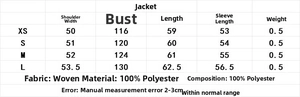 Size chart for metallic thread wool coat with shoulder, bust, and sleeve length details