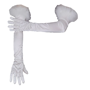 Elegant long white satin wedding gloves with plush feather trim for women's formal events