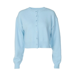 Detail of light blue cropped knit cardigan featuring a round neck and multi-button closure
