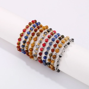 Adjustable titanium steel bracelet with colorful natural stones and gold metal beads