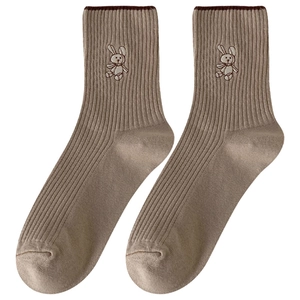 Brown knit cotton crew socks for women featuring a cute embroidered rabbit detail