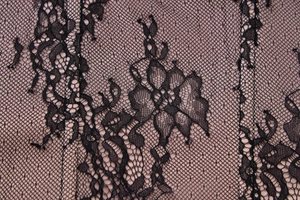 Vue détaillée de la dentelle florale noire avec doublure chair et broderies délicates