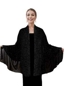 Close-up of elegant black chiffon shawl with sparkling hot-fix rhinestones detail