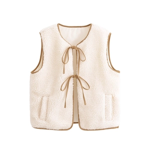 Women Sherpa Fleece Vest Contrast Trim Tie Front Bow Sleeveless Gilet Round Neck Casual Vintage Warm Outerwear Lady