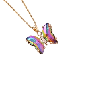 Rose gold stainless steel butterfly necklace with gradient multi-colored crystals