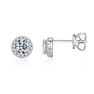 Elegant 925 sterling silver halo stud earrings with round moissanite on white reflection