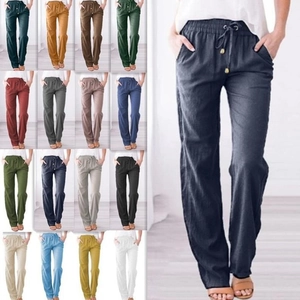 Dames Wijde Broek Katoen Linnen Trekkoord Elastische Taille Casual Ruimvallende Broek Met Zakken Effen Kleur Zacht