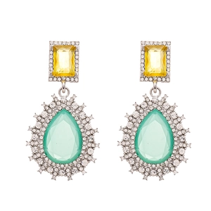 Vintage water drop earrings with yellow and mint green crystals on silver needles