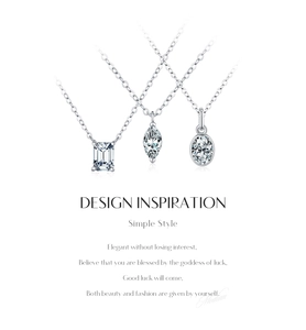 Detailed view of silver necklaces with emerald, marquise, and oval cut moissanite pendants