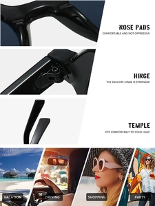 Detailed views of polygon sunglasses featuring reinforced hinges and ergonomic temples