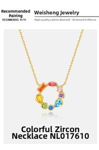 Detailed shot of S925 silver necklace with multi-colored cubic zirconia in rainbow hues