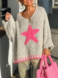 Damen Strickpullover in Grau mit rosa Sternmuster, V-Ausschnitt und lockerer Passform