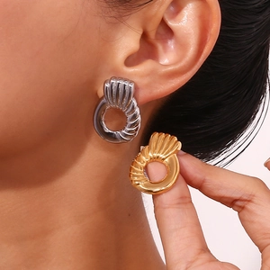 French style 18K gold plated stainless steel textured hoop earrings for women