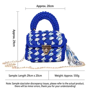 Handmade blue and white woven crossbody bag with gold chain strap and fringe, 29x20cm
