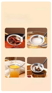 Four-grid view showing fine mesh stainless steel strainer filtering soup, juice, and residue