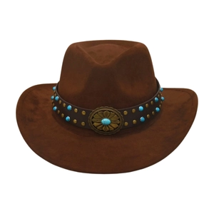 Brown western felt cowboy hat with turquoise beads and vintage floral metal buckle