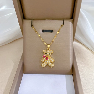 Teddy Bear Pendant Necklace Stainless Steel Chain Copper With Zircon Inlaid Elegant Clavicle Chain For Women