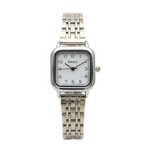 Square silver stainless steel watch for women with white dial and Arabic numerals