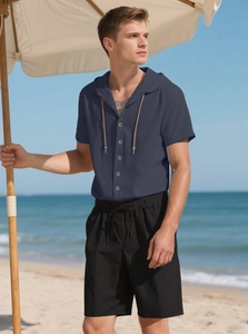 Men's summer linen set with grey hooded button shirt and black drawstring beach shorts