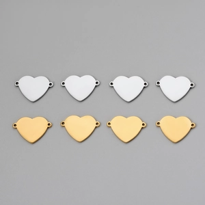 Polished gold and silver heart-shaped connectors with double holes for jewelry making