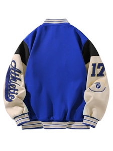 Veste varsity rétro pour homme bleu roi et crème avec broderies et bords-côtes rayés