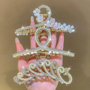 Three luxury 11cm gold metal hair claw clips decorated with elegant pearls and rhinestones