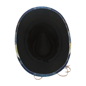 Detailed view of child's fedora with blue patchwork denim brim and brown leather cord