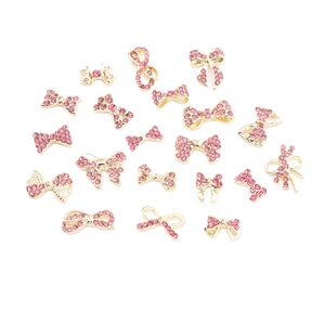 Pink rhinestone bow nail art charms with gold metal base for DIY decoration