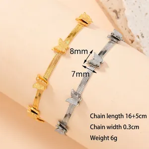 Double-layer frosted butterfly bracelet in gold and silver stainless steel with snake chain