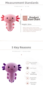 Size chart for 20cm plush axolotl toy featuring skin-friendly fabric and soft padding