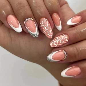 Almond Press On Nails White Heart French Tip Silver Glitter Rhinestone Nude Pink Artificial Nails Kit With Glue For Women