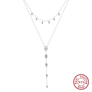 S925 Sterling Silver Double Layer Y Shaped Lasso Necklace Clear Rhinestone Hexagon Pendant Trendy Jewelry For Women